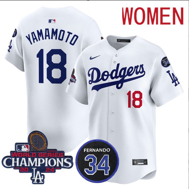 Women MLB Los Angeles Dodgers #18 Yamamoto white 2024 World Series Champions Patch Limited Jersey->women mlb jersey->Women Jersey